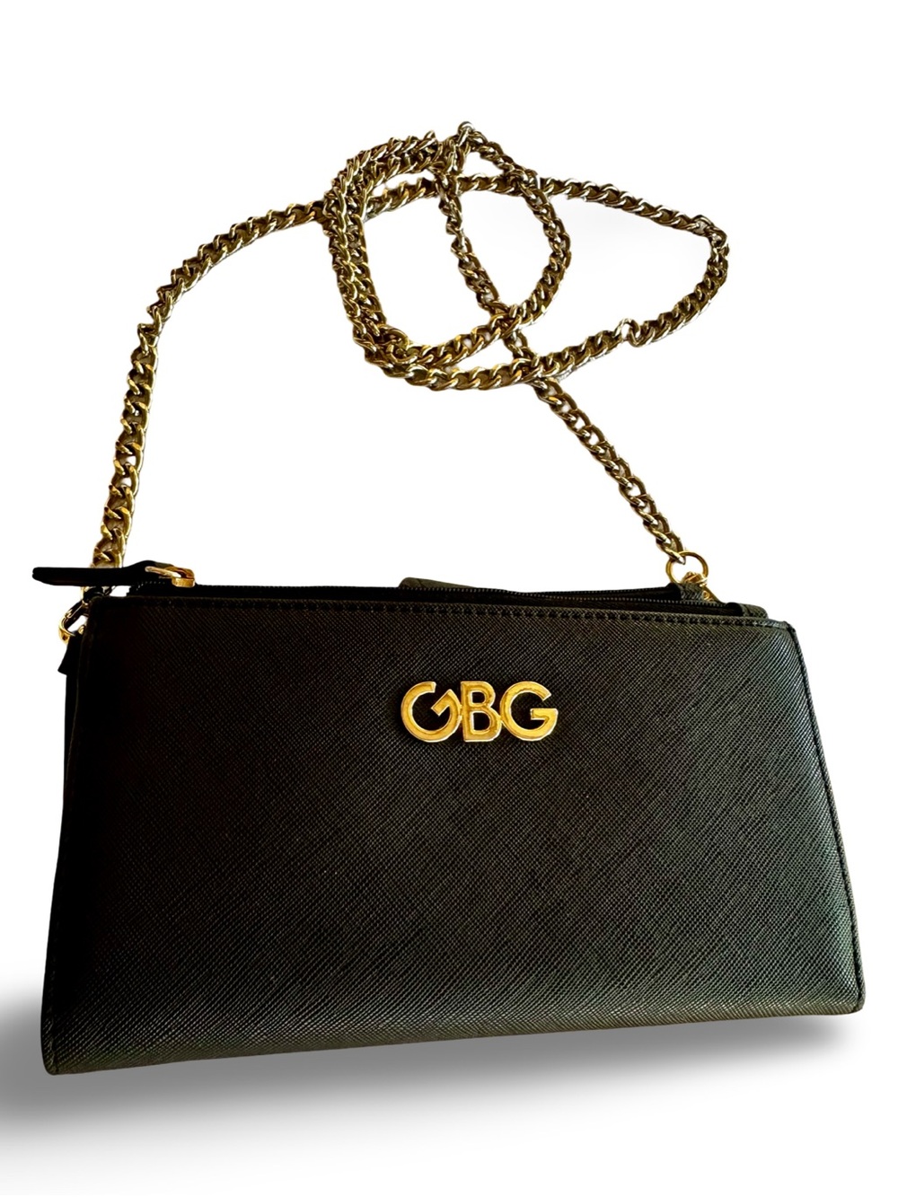 G by GUESS GBG Saffiano Black Clutch with Gold GBG Logo and Cross-body Chain